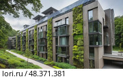 Modern green building with vertical garden and solar panels. Стоковое AI-видео, аниматор Юрий Поздников / Фотобанк Лори