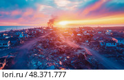 Concept: Coastal disaster; A town ravaged by an event at sunset. Стоковое AI-изображение, AI-художник Данила Большаков / Фотобанк Лори