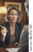Businesswoman discussing strategy with colleague in elegant office. Стоковое AI-видео, аниматор Юрий Поздников / Фотобанк Лори