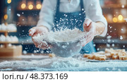Baking Time: Sifting Flour Through a Mesh Sieve for Delicious Pastries, perfect for Food Blog or Culinary School Promotion. Стоковое AI-изображение, AI-художник Данила Большаков / Фотобанк Лори