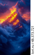 Majestic Peak: A blazing mountain peak under twilight sky, shrouded in cloud, nature's power unveiled. Стоковое AI-изображение, AI-художник Данила Большаков / Фотобанк Лори