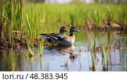 foraging green winged teal duck ai generated. Стоковое AI-изображение, AI-художник Vectorwin / Фотобанк Лори