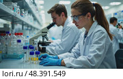 A pharmaceutical lab, scientists in lab coats analyzing samples under microscopes, with shelves of glass vials and sterile white laboratory outfits. Стоковое AI-видео, аниматор Sergey Grishin / Фотобанк Лори