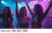 A group of friends dancing under neon lights at a nightclub, purple and blue hues illuminating their joyful faces, music visualize. Стоковое AI-видео, аниматор Sergey Grishin / Фотобанк Лори