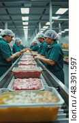 A food processing plant, with stainless steel conveyor belts carrying packaged goods, workers in hairnets monitoring the line under bright light. Стоковое AI-видео, аниматор Sergey Grishin / Фотобанк Лори