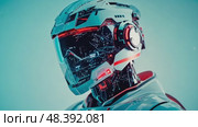 This captivating display features a detailed robot design with glowing circuits and a sleek helmet, set against a vibrant backdrop. The innovative use of color enhances the futuristic aesthetic. Стоковое AI-видео, аниматор Данила Большаков / Фотобанк Лори