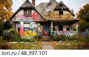 graffiti house with damage ai generated. Стоковое AI-изображение, AI-художник Vectorwin / Фотобанк Лори
