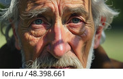A close-up of an old man's face streaked with tears as he listens to a lamentation song, the shadows of tree branches dancing across his features. Стоковое AI-видео, аниматор Sergey Grishin / Фотобанк Лори
