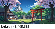 Historic Japanese castle, shiro surrounded by sakura. Стоковое AI-изображение, AI-художник Андрей Ка / Фотобанк Лори