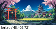 Japanese landscape featuring historic temple. Стоковое AI-изображение, AI-художник Андрей Ка / Фотобанк Лори
