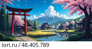 Eaceful Japanese village featuring wooden houses, blooming sakuraP , hanami, red torii gate  , calm pond, distant Mount Fuji, manicured gardens, and tranquil spring atmosphere in rural Japan. Стоковое AI-изображение, AI-художник Андрей Ка / Фотобанк Лори