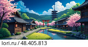 Peaceful Japanese village scene featuring sakura 桜, hanami, historic wooden architecture, tranquil waterway, iconic torii gate 鳥居 , ancient Pagoda 塔, green hills, and cultural ambiance in springtime. Стоковое AI-изображение, AI-художник Андрей Ка / Фотобанк Лори