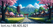 Scenic Japanese village features blooming sakura  hanami, Pagoda 塔, vibrant red torii gate , wooden architecture, stone pathway, lush greenery, and majestic Mount Fuji. Стоковое AI-изображение, AI-художник Андрей Ка / Фотобанк Лори