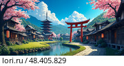Peaceful Japanese village scene featuring blooming sakura, hanami, historic wooden homes, iconic red torii , tranquil stream, and tall Pagoda 塔, all framed by verdant mountains and clear daylight. Стоковое AI-изображение, AI-художник Андрей Ка / Фотобанк Лори