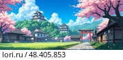 Historic Japanese castle , shiro complex with blooming sakura , hanami, red torii gate  , wooden buildings, stone path, lush greenery, tranquil atmosphere, and scenic mountain backdrop. Стоковое AI-изображение, AI-художник Андрей Ка / Фотобанк Лори