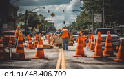 cones road closed detour ai generated. Стоковое AI-изображение, AI-художник Vectorwin / Фотобанк Лори