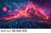 Volcanic eruption with fiery mountain and dancing embers under hazy, moonlit sky. Glowing lava and sparks create a powerful, dramatic landscape. Стоковое AI-видео, аниматор Данила Большаков / Фотобанк Лори