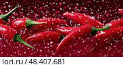 Chilis Fall Against a Vibrant Red Background Creating a Striking Visual Contrast. Стоковое AI-изображение, AI-художник Юлия Гапеенко / Фотобанк Лори