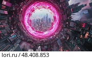 Futuristic metropolis seen through a cybernetic/neon portal gateway. Cityscape with glowing rings, skyscrapers, and advanced technology. A vision of tomorrow/dystopia. Стоковое AI-видео, аниматор Данила Большаков / Фотобанк Лори
