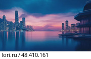 Modern waterfront cityscapes at twilight/sunset. Skyscrapers reflect in calm waters, creating a tranquil and serene urban scene. Стоковое AI-видео, аниматор Данила Большаков / Фотобанк Лори