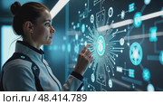 A person in a futuristic suit interacting with holographic tech elements, including digital icons and interfaces, front view, bright ambient light. Стоковое AI-видео, аниматор Sergey Grishin / Фотобанк Лори