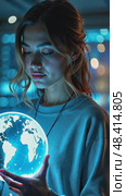 A person young woman with a hologram representing a global network, front view, bright lighting, tech color palette with blues and whites. Стоковое AI-видео, аниматор Sergey Grishin / Фотобанк Лори