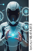 A person in a futuristic suit interacting with holographic tech elements, including digital icons and interfaces, front view, bright ambient light. Стоковое AI-видео, аниматор Sergey Grishin / Фотобанк Лори
