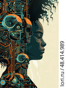 A woman's profile is partially obscured by a digital layer with intricate circuitry and robotic heads. Стоковое AI-изображение, AI-художник Данила Большаков / Фотобанк Лори