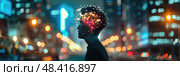 A person stands in front of a cityscape at night, with a colorful, abstract brain visualization superimposed on their head. Стоковое AI-изображение, AI-художник Данила Большаков / Фотобанк Лори