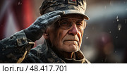 Dedicated man in uniform demonstrates unwavering loyalty as he salutes amidst pouring rain. Стоковое AI-изображение, AI-художник Данила Большаков / Фотобанк Лори