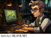 Dedicated botanist immerses himself in the study of greenery, surrounded by various plant specimens and scientific equipment within the warm glow of his intimate nighttime laboratory. Стоковое AI-изображение, AI-художник Данила Большаков / Фотобанк Лори