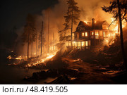Raging fire consumes solitary house amidst dense, unforgiving woods, creating visually captivating and alarming scene. Стоковое AI-изображение, AI-художник Данила Большаков / Фотобанк Лори