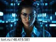 Reflection of Clarity: Enigmatic woman with glasses contemplates her reflection in mirror, intimately connecting with her inner thoughts. Стоковое AI-изображение, AI-художник Данила Большаков / Фотобанк Лори
