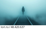 A person walks alone along railway tracks surrounded by thick fog at dawn, creating an atmosphere of mystery and solitude. Стоковое AI-изображение, AI-художник Данила Большаков / Фотобанк Лори
