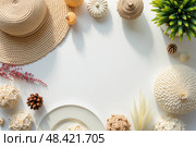 Фон для домашнего декора в стиле бохо, натуральные детали и декор при ярком летнем дневном свете. Boho home decor backdrop, natural details and decor in bright summer daylight. Стоковое AI-изображение, AI-художник Наталия Ануфриева / Фотобанк Лори