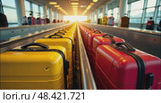 A bunch of yellow and red suitcases at the airport - cargo control, baggage allowance and hand luggage parameters on the plane, security, check-in and delivery of personal belongings. AI generated. Стоковое AI-видео, аниматор Ольга Симонова / Фотобанк Лори