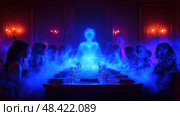 Guests seated at a long table gaze in awe at a ghostly figure amidst swirling mist during a mysterious evening gathering. Стоковое AI-изображение, AI-художник Данила Большаков / Фотобанк Лори