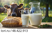 Fresh rustic cow's milk in a jug and white fragrant bread and pastries on a table against the background of a meadow where cows graze. AI generated. Стоковое AI-видео, аниматор Ольга Симонова / Фотобанк Лори