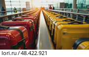 A bunch of yellow and red suitcases at the airport - cargo control, baggage allowance and hand luggage parameters on the plane, security, check-in and delivery of personal belongings. Стоковое видео, видеограф Ольга Симонова / Фотобанк Лори