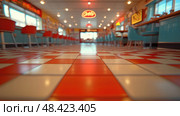 The brightly lit diner features a classic checkered floor and colorful seating, creating a cheerful atmosphere for diners during the day. Стоковое AI-изображение, AI-художник Данила Большаков / Фотобанк Лори