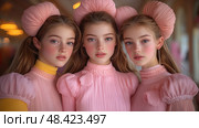 Three girls in coordinated pink attire stand close together, showcasing their playful hairstyles in a softly lit indoor environment. Стоковое AI-изображение, AI-художник Данила Большаков / Фотобанк Лори