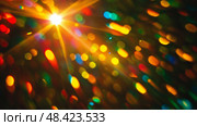 Blurred Rainbow Refraction Overlay Prism Light Effects with Holographic Flares & Disco Ball Textures. Световые эффекты с размытой радужной рефракцией и наложением призмы с голографическими бликами и текстурами диско-шаров. Стоковое AI-изображение, AI-художник Katsiaryna Repich / Фотобанк Лори
