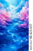 An expansive view of bright blue water under vivid pink clouds, illuminated by sunlight on a tranquil day, capturing the beauty of nature. Стоковое AI-изображение, AI-художник Данила Большаков / Фотобанк Лори