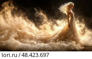 A woman adorned in an elegant gown poses confidently as her dress blends with the golden dust swirling around her in the darkness. Стоковое AI-изображение, AI-художник Данила Большаков / Фотобанк Лори