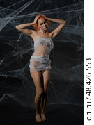 Red-haired woman entangled in a web trap creates an intriguing visual narrative. Стоковое фото, фотограф Гурьянов Андрей / Фотобанк Лори
