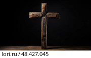 worn wooden cross on black ai generated. Стоковое AI-изображение, AI-художник Vectorwin / Фотобанк Лори
