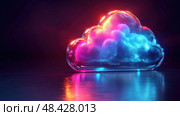 This visually striking cloud formation features vibrant colors and glowing lights, creating an otherworldly effect in a dimly lit area. Стоковое AI-изображение, AI-художник Данила Большаков / Фотобанк Лори