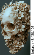 Floral Skull: Memento Mori with Blossoms of Remembrance, symbolic of Mortality, Life, and Beauty – a timeless concept. Стоковое AI-изображение, AI-художник Данила Большаков / Фотобанк Лори