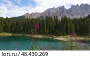 Beautiful lake and mountain view in Dolomites, Lago di Carezza, Italy. Стоковое видео, видеограф Яков Филимонов / Фотобанк Лори