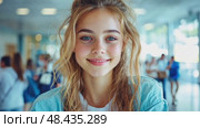 Smiling blond girl with blue eyes and freckles radiates youthful joy and happiness in a close-up portrait. Стоковое AI-видео, аниматор Данила Большаков / Фотобанк Лори